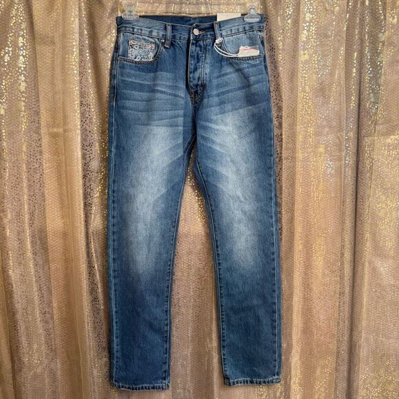 MNML Men's Paisley Pocket Blue Denim Distressed Straight Leg Jeans Size 29 NWT - Picture 1 of 10